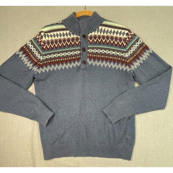 Izod Men's Blue Multicolor Button Mock Neck Knit Long Sleeve Sweater Medium USED - Picture 1 of 6